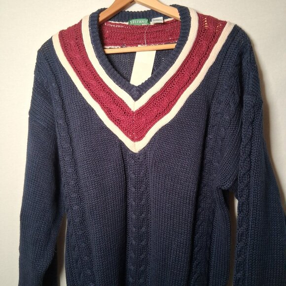 Vintage 90s Stefano Man Sweater L Blue Maroon Cable Knit V Neck Academia Preppy - Picture 3 of 14